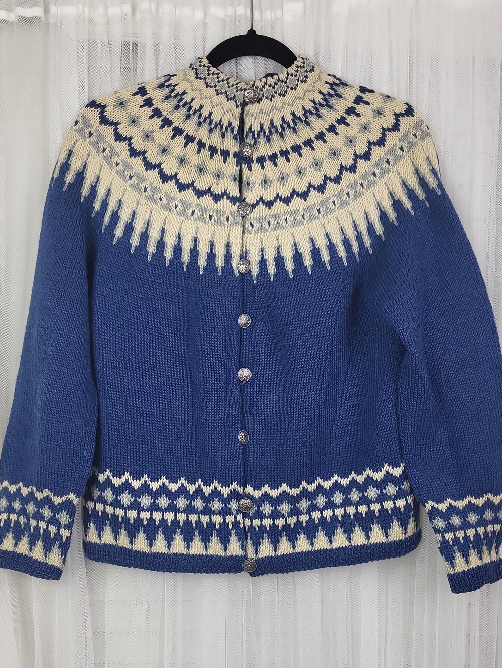 Blue and Cream Nordic Yoke Wool Cardigan Sweater